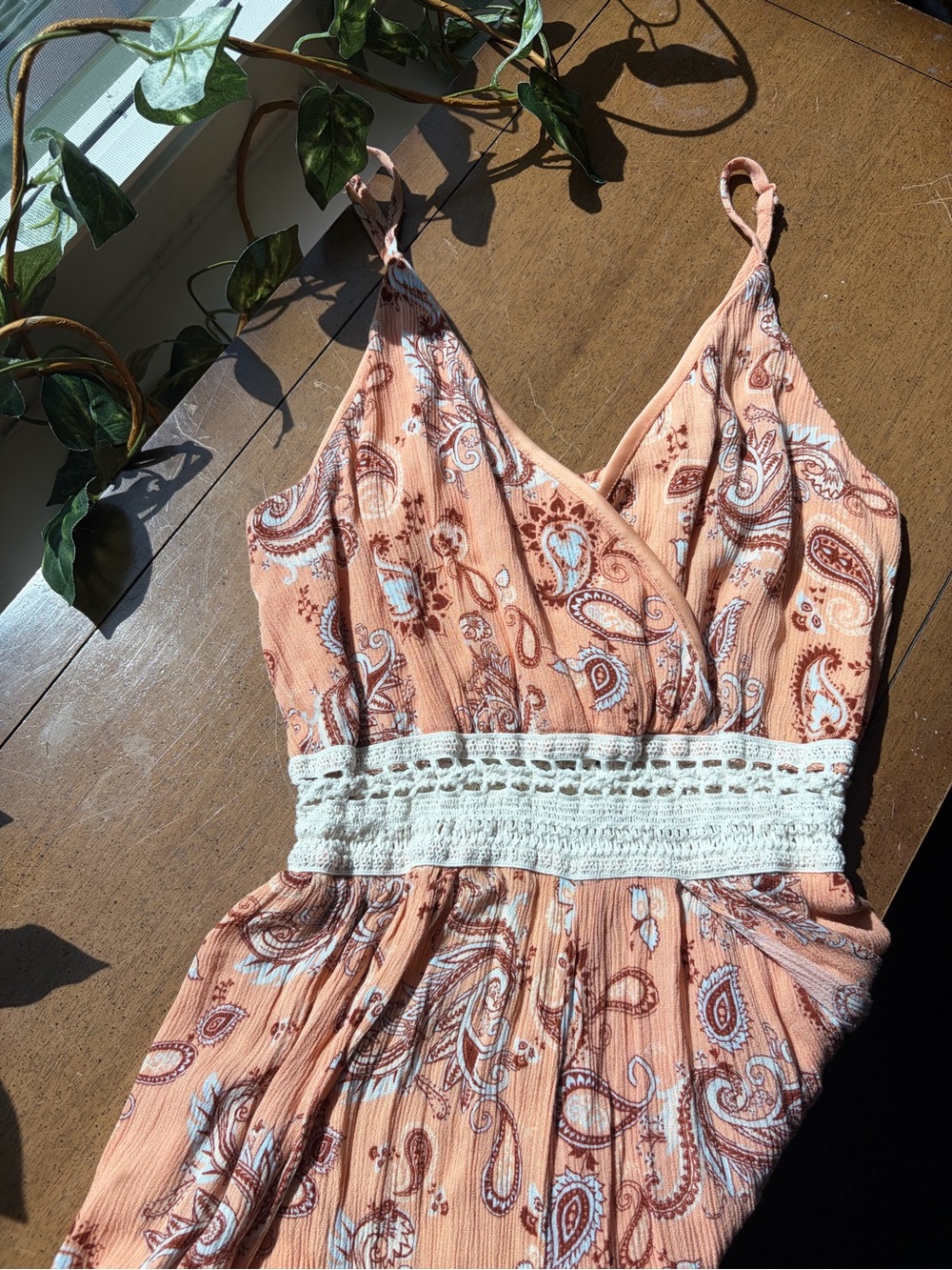 Peach Paisley Wide Leg Jumpsuit Women’s M Lace Waist Boho Resort
